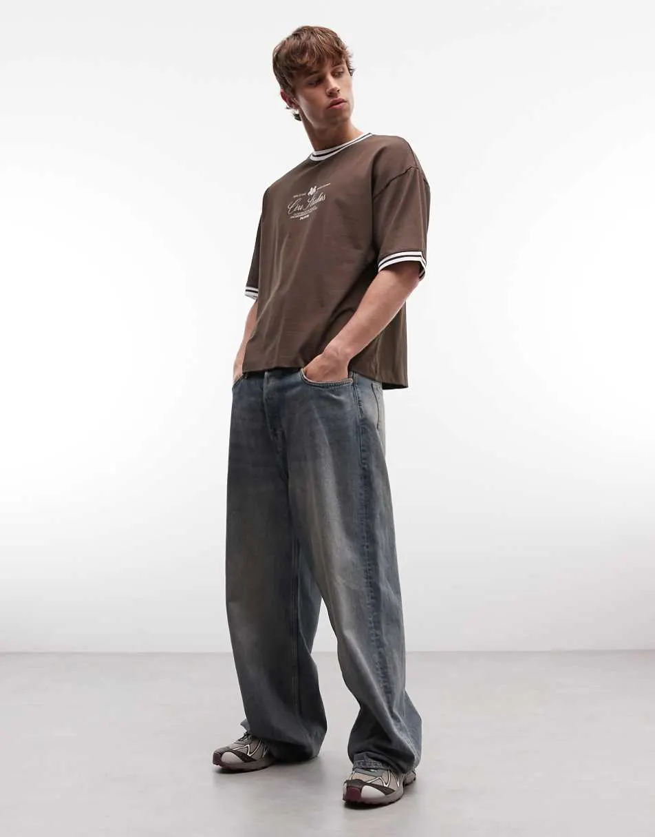 ASOS DESIGN boxy oversized t-shirt with text graphic in brown