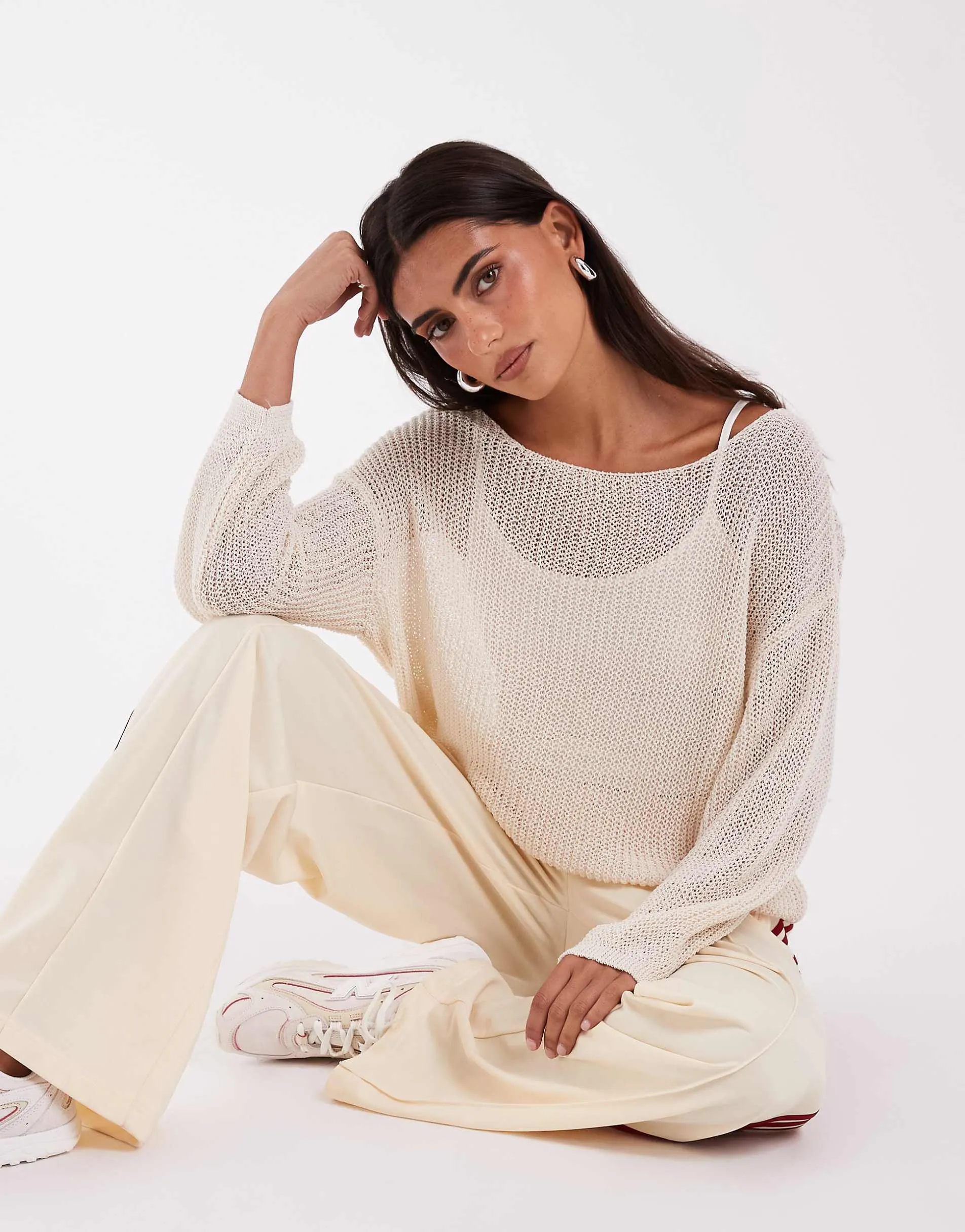 ASOS DESIGN pointelle relaxed fit jumper in ecru
