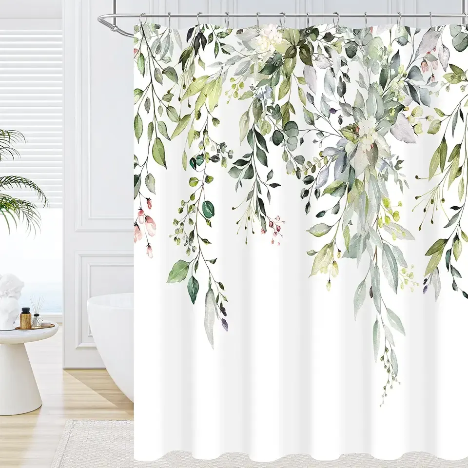 Sage Green Eucalyptus Shower Curtain, Watercolor Plant Leaves Floral Shower Curtain for Bathroom, Botanical Nature Fabric Bath Curtain Cloth Shower Curtain Set with Hooks, 72x72