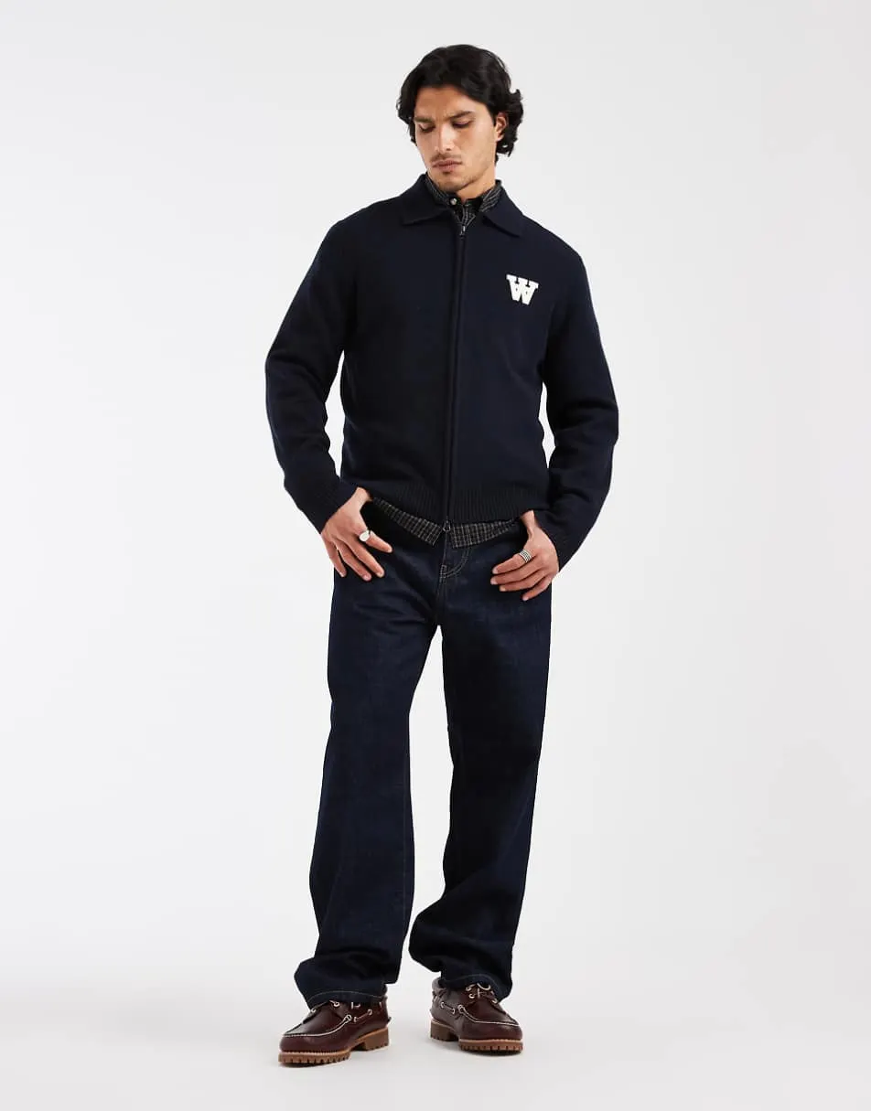 Double A By Wood Wood 100% lambswool Tay zip through cardigan in navy