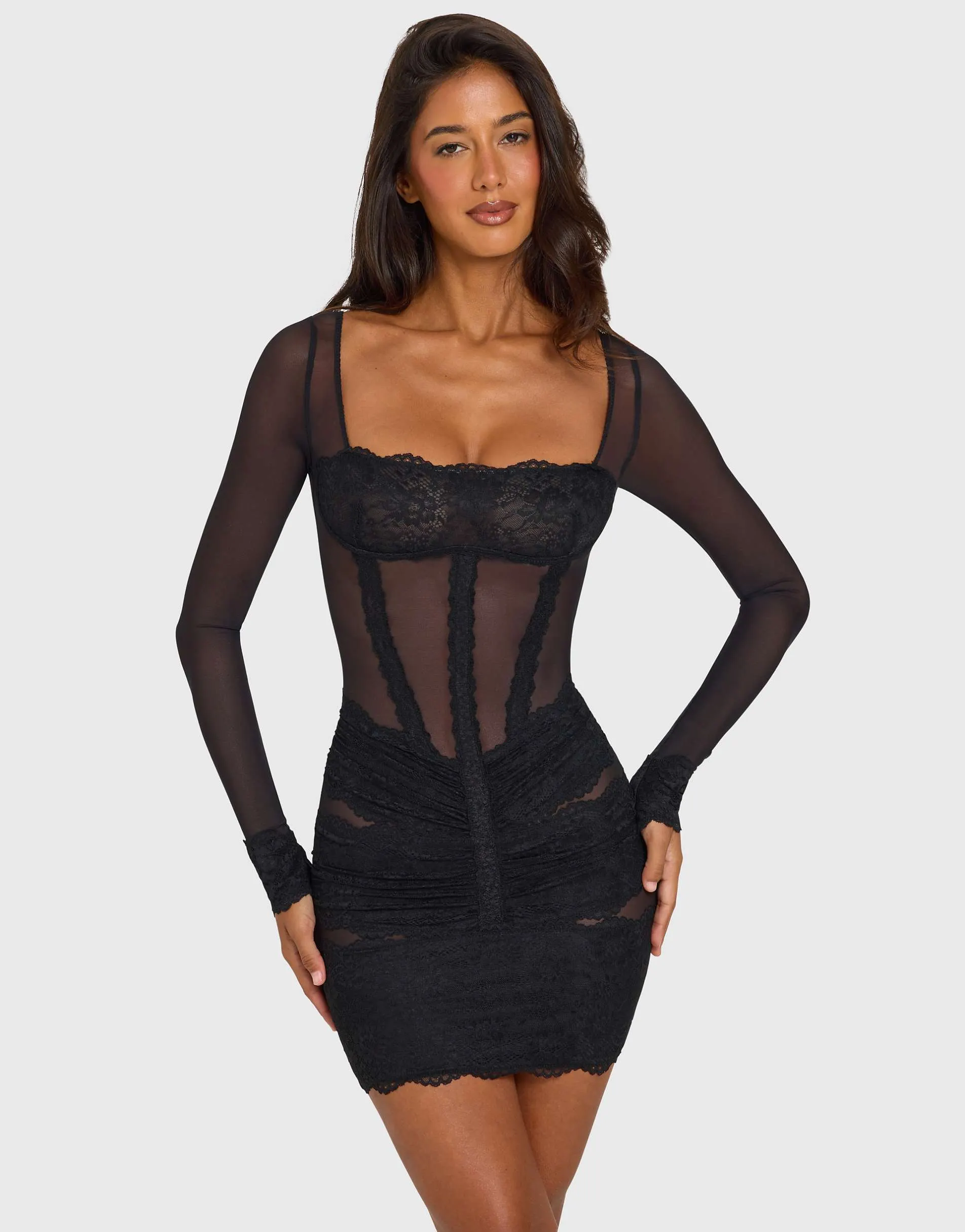 Oh Polly lace square neck long sleeve mini dress in black