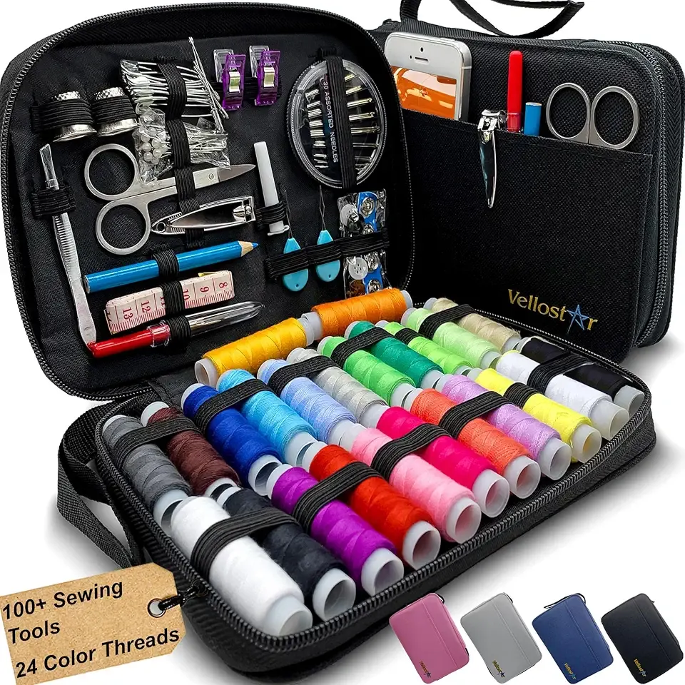Vellostar Sewing Kit for Adults & Beginners – Portable Needle & Thread Travel Kit w/ 24 Thread Colors, Needles, Scissors & Sewing Supplies for Emergency Clothing Repairs, Buttons, & Home Mending