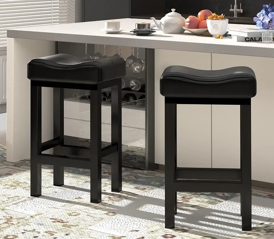 Bar Stools Set of 2, 25 Inch Counter Height BarStools for Kitchen Island, Faux Leather Thick Saddle Seats & Heavy Duty Metal Base, Easy Assembly (Black,25 inch)
