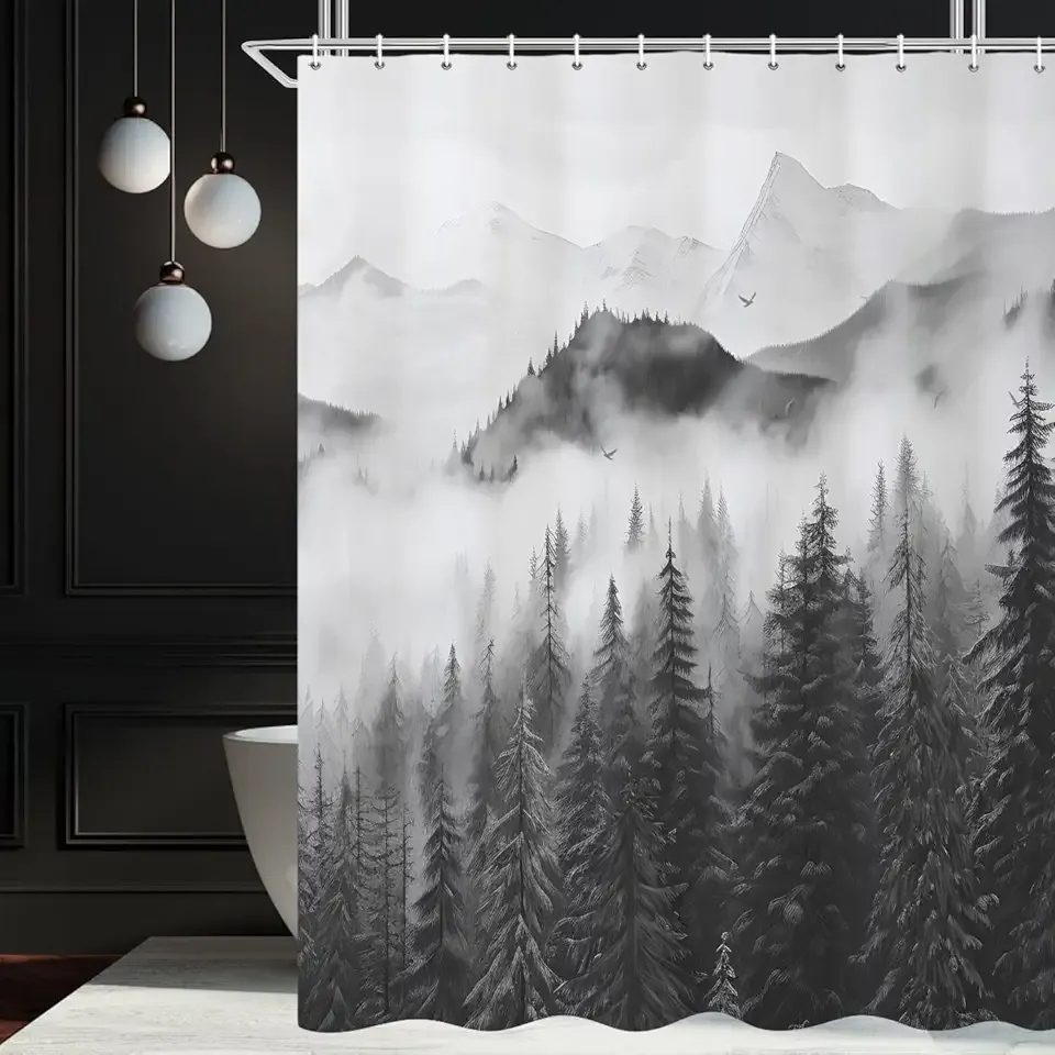 Mountain Shower Curtain, Abstract Grey Misty Forest Shower Curtain Set Waterproof Nature Scenery Gray Bathroom Decor with Hooks, 72x72 Inch
