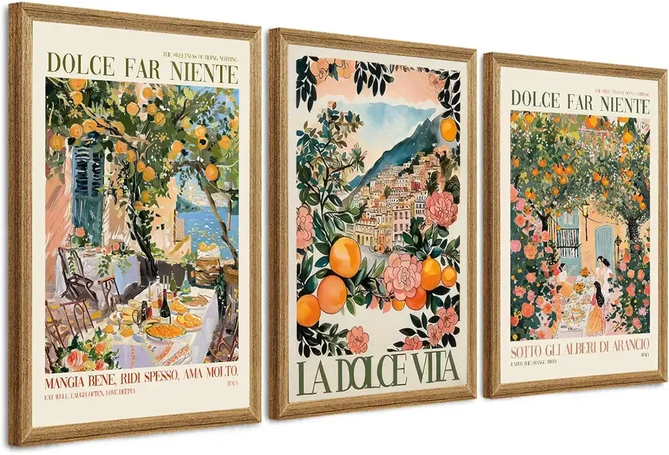 SYWENNOI Triptych Dolce Far Niente Framed Cnavas Wall Art 20x30 inches x3 | Wooden frame, UV-resistant ink, Giclée printing process, Pre-installed hooks make it easy to hang home or office wall decor