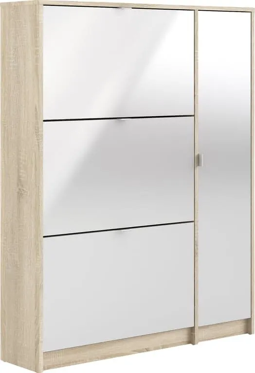Shoes skoskap 99 x 24, H 124 cm,eikefolie/hvit høyglans med 3 skuffer
