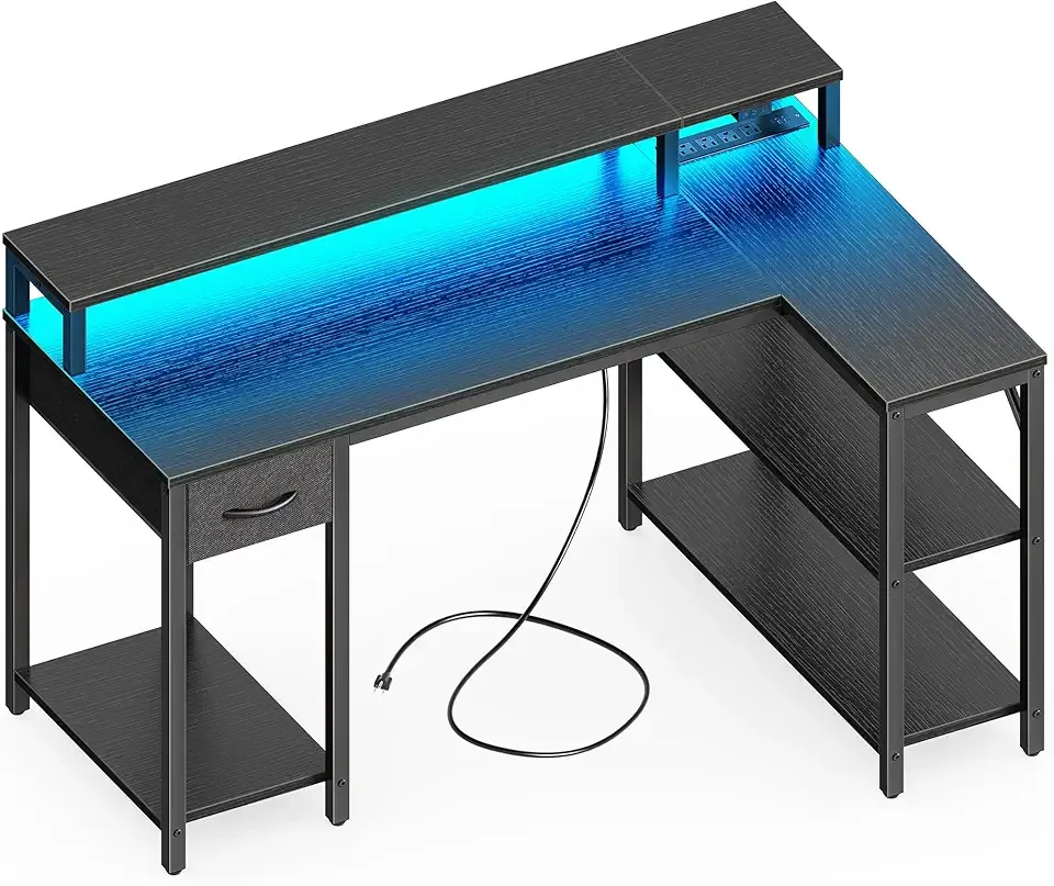 SUPERJARE 47 inch L Shaped Gaming Desk with LED Lights & Power Outlets, Reversible Computer Desk with Shelves & Monitor Stand, Corner Desk with Drawer, for Home & Office, Black, 7998BC