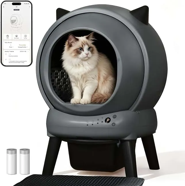 Automatic Litter Box, ZHMZ E2 Self Cleaning Litter Box for Multiple Cats | App-Control Auto Robot Odor-Control with Dual Safety Sensors, with Mat and 2 Roll Garbage Bags