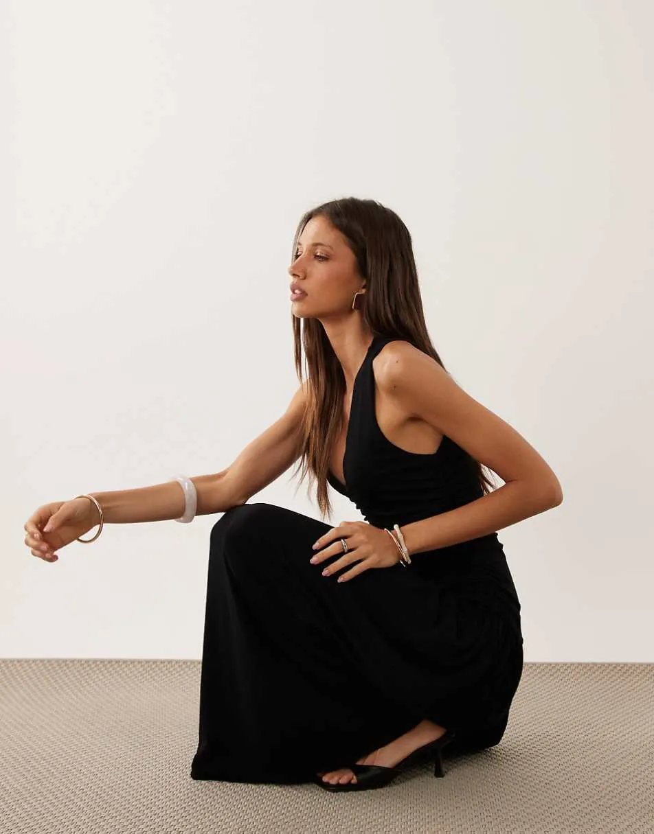 Mango v neck ruched maxi dress in black