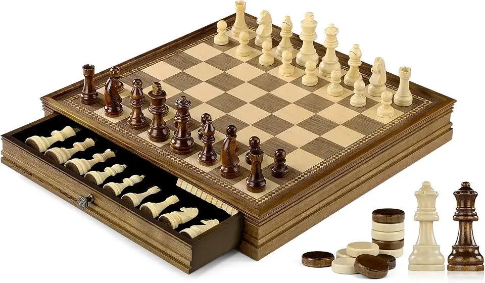 Peradix 15" Magnetic Chess and Checkers Set with 2 Built-in Storage Drawers