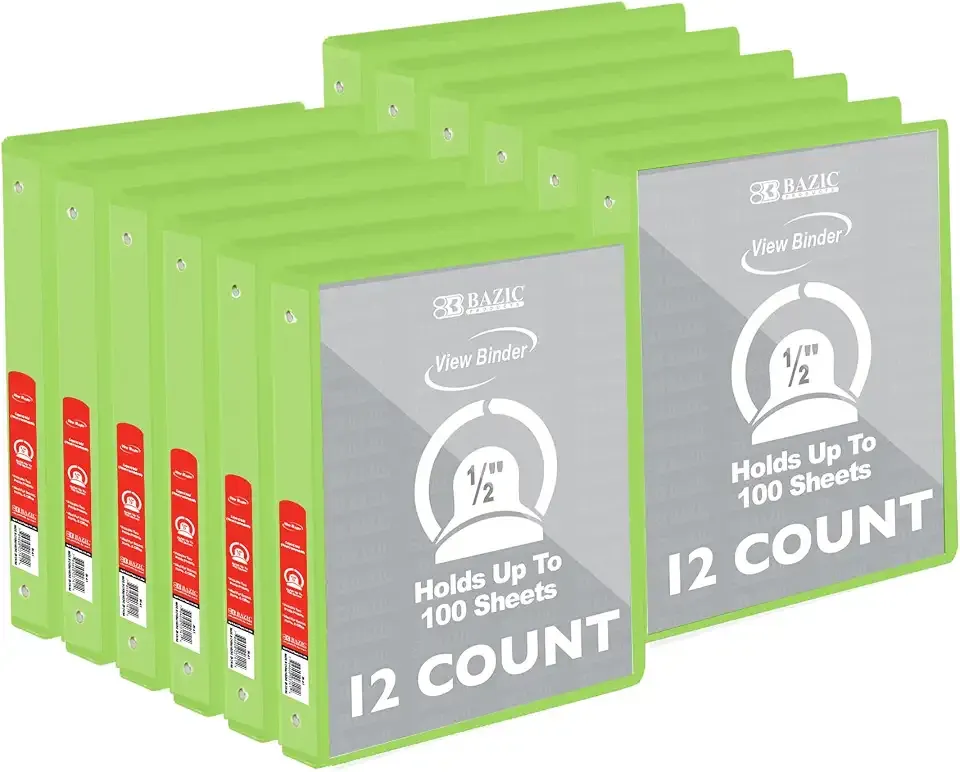 BAZIC Products 1/2 in Lime Green 3-Ring View Binder, 2 Pockets, 100 Sheet Capacity, for School Office Home, Case of 12