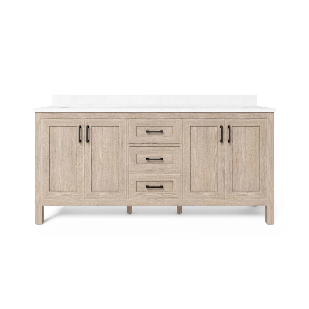 Home Decorators Collection Ellia 72-inch W x 20-inch D 4-Door & 3-Drawer Oak Wood Bathroom Vanity Double Undermount Sinks with White Engineered Stone Top