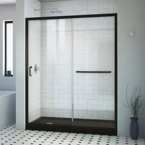 Infinity-Z 30 in. D x 60 in. W x 74.75 in. H Alcove Shower Kit with Black Acrylic Base, Left Drain & Clear Glass Sliding Door in Matte Black (No Shower Wall)