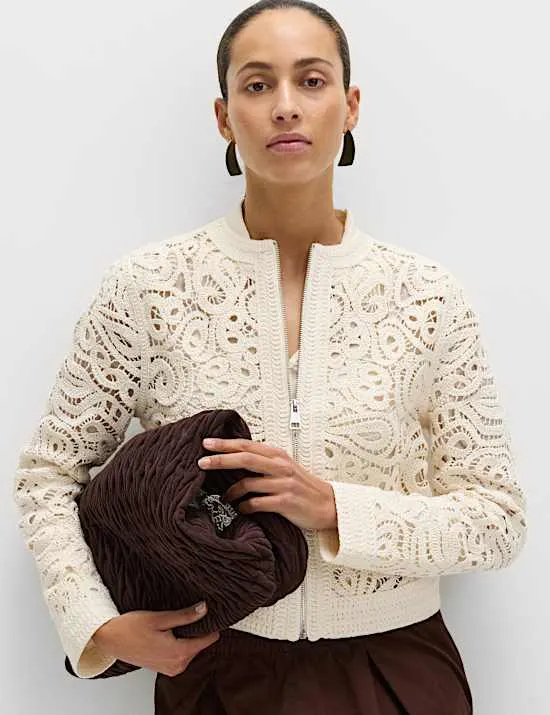 Cotton Rich Textured Cropped Knitted Jacket