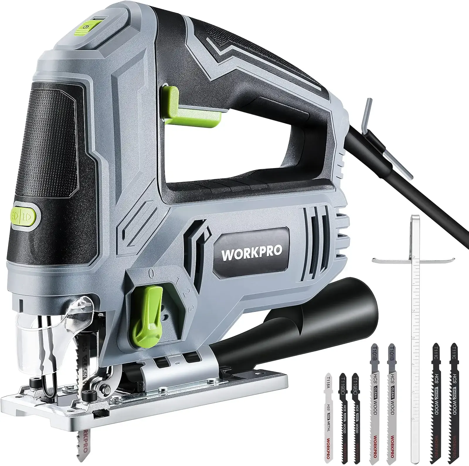 WORKPRO Jigsaw, 6.5AMP 850W Corded Electric Jig Saw Tool Kit with 6 Variable Speeds, 7 Blades, ±45° Bevel Cutting, LED Light, 3000 SPM, 4 Orbital Settings, Edge Guide, Tool-free Blade Changing
