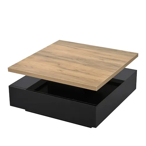 Alarice 27.5 x 27.5 x 14.1-inch Black and Wood High-Gloss Rotating Coffee Table with Double Layer