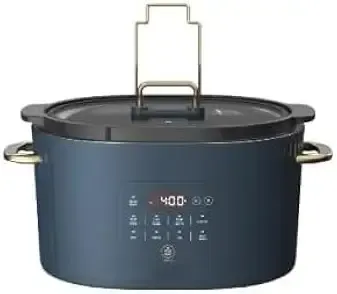 Thymes ~ Tables Programmable Slow Cooker, 6-Quart Navy Blue Ceramic with Gold Handles, LED Display, Multiple Heat Settings (Atlantic Blue)