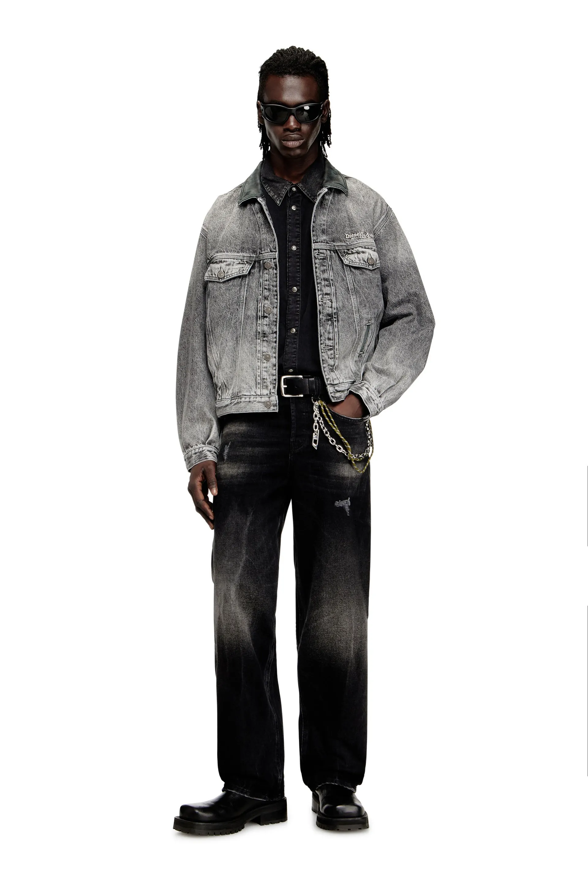Denim trucker jacket with tonal leather trims