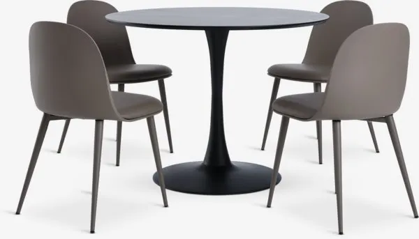 RINGSTED + ULDAL RINGSTED Ø100 tafel zwart + 4 ULDAL stoelen bruin