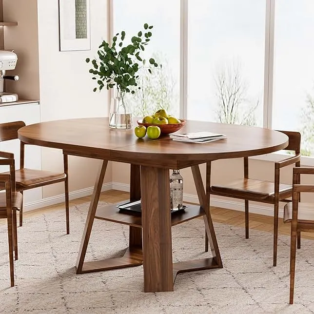 43.3in-59in Extendable Round Dining Table for 4-6,Modern Kitchen Oval Dining Table with Removable Leaves Space Saving,Wood Base with Storage Shelf for Kitchen Living Room