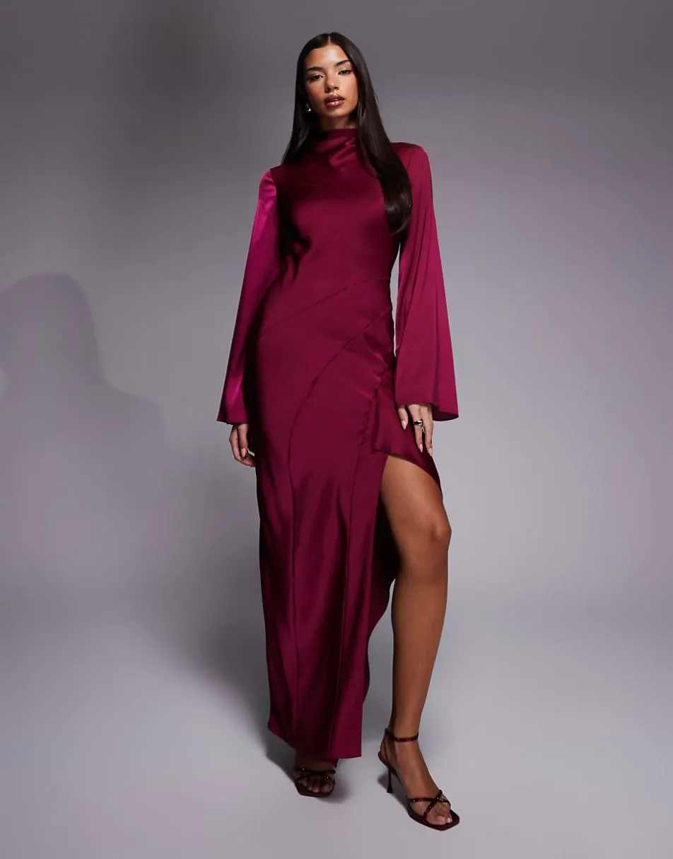 ASOS DESIGN satin seam detail maxi dress with frill detail in dark red