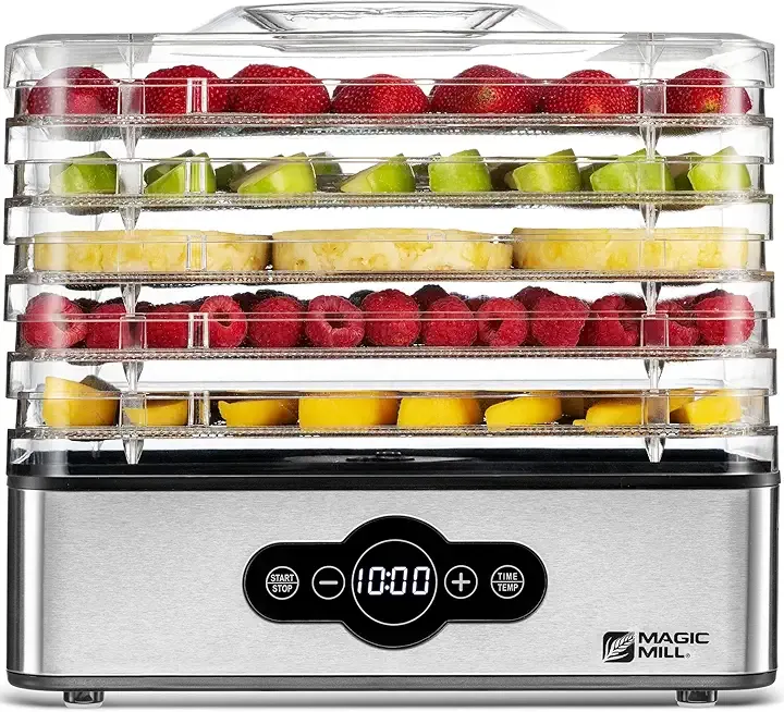 Magic Mill Food Dehydrator Machine | 5 Stackable Stainless Steel Trays Jerky Dryer with Digital Adjustable Timer & Temperature Control - Electric Food Preserver for Fruits, Veggies, Meats & Dog Treats