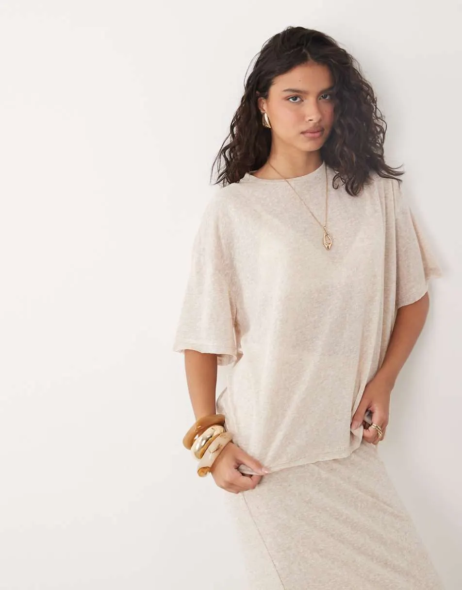 SNDYS fine knit drop shoulder t-shirt co-ord in cream marl