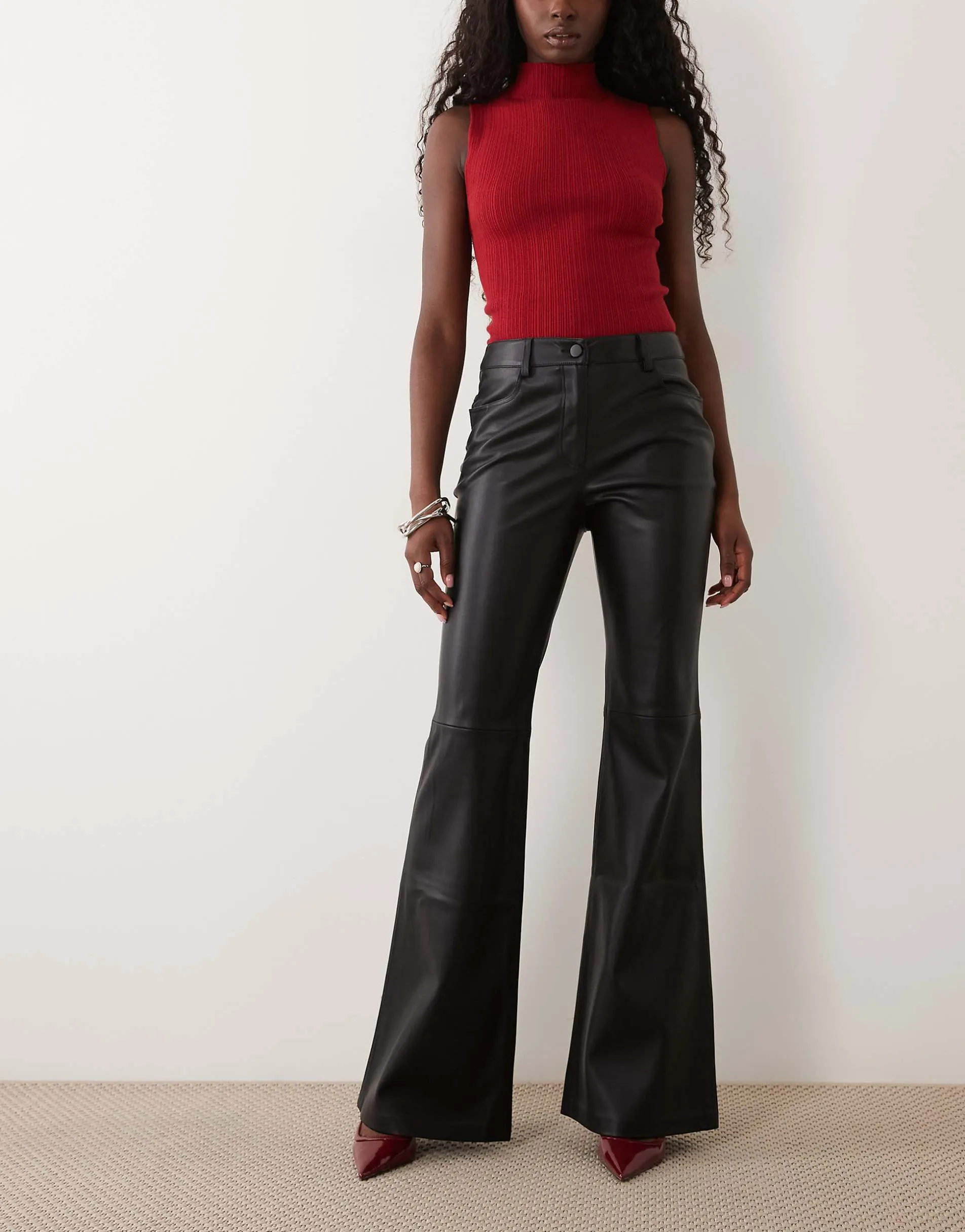 Mango flared leather trouser in black