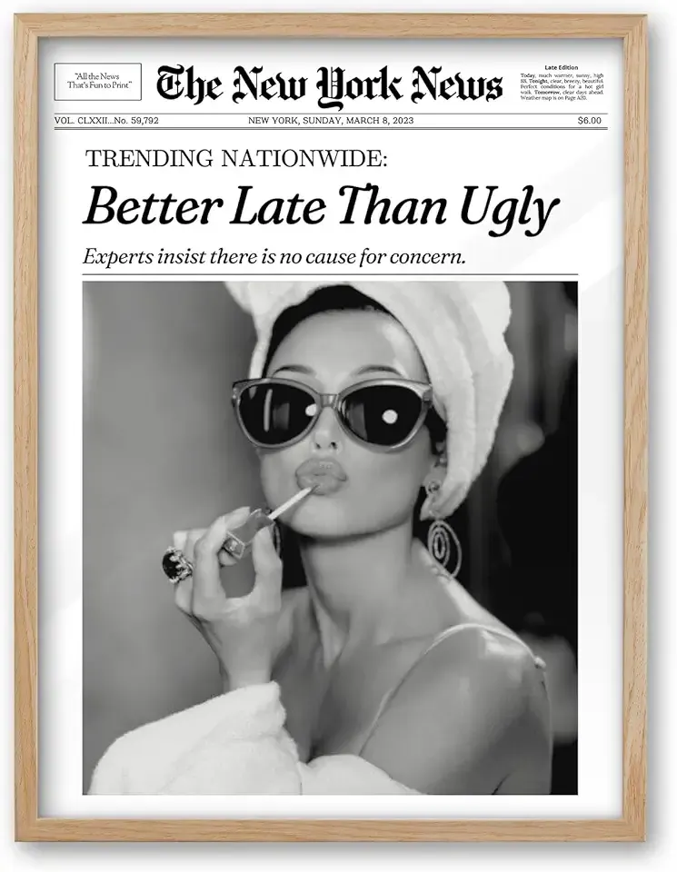 iHery Natural OAK Wood Audrey Hepburn Newspaper Trendy Framed Wall Art, 12x16 in Vintage Headline Canvas Bedroom Wall Decor, Better Late Than Ugly,Bathroom Artwork Apartment Girly Dorm Room 1Pack