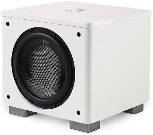 REL HT/1003 MKII 10-Inch Powered Subwoofer – Compact Design with Class D Amplifier for Deep Bass in Home Theater, Stereo Systems, and Surround Sound – Line Grained White Finish