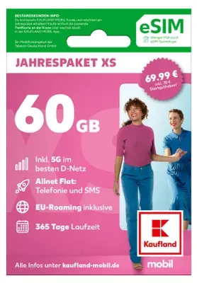 KAUFLAND MOBIL Prepaid eSIM Jahrespaket Smart XS (60 GB) mit 5G im besten D-Netz (digitales Produkt)