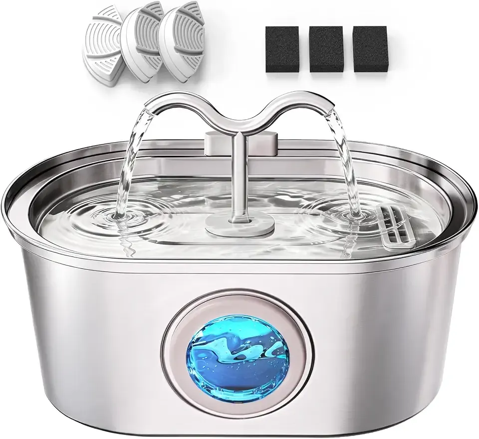 Cat Water Fountain Stainless Steel, 108oz/3.2L Pet Water Fountain for Cats Indoor, with Dual Spouts for Multiple Cats, Ultra-Quiet Automatic Dog Water Dispenser, 3 Pack Filters Included