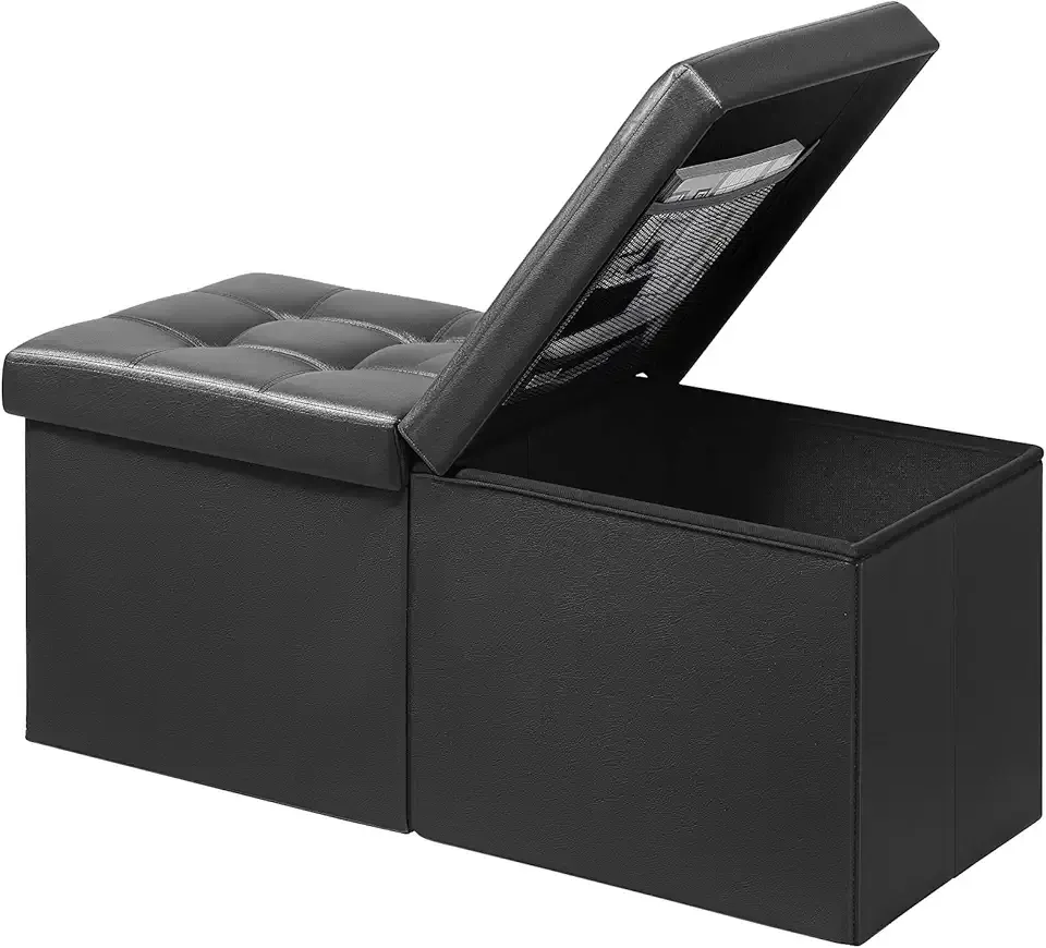 Footrest Ottoman Bench with Storage,34Inch Black Leather Footstool, Coffee Table, Padded Seat, Storage Chest,Blanket Store with Flipping Lid for Livingroom and Bedroom