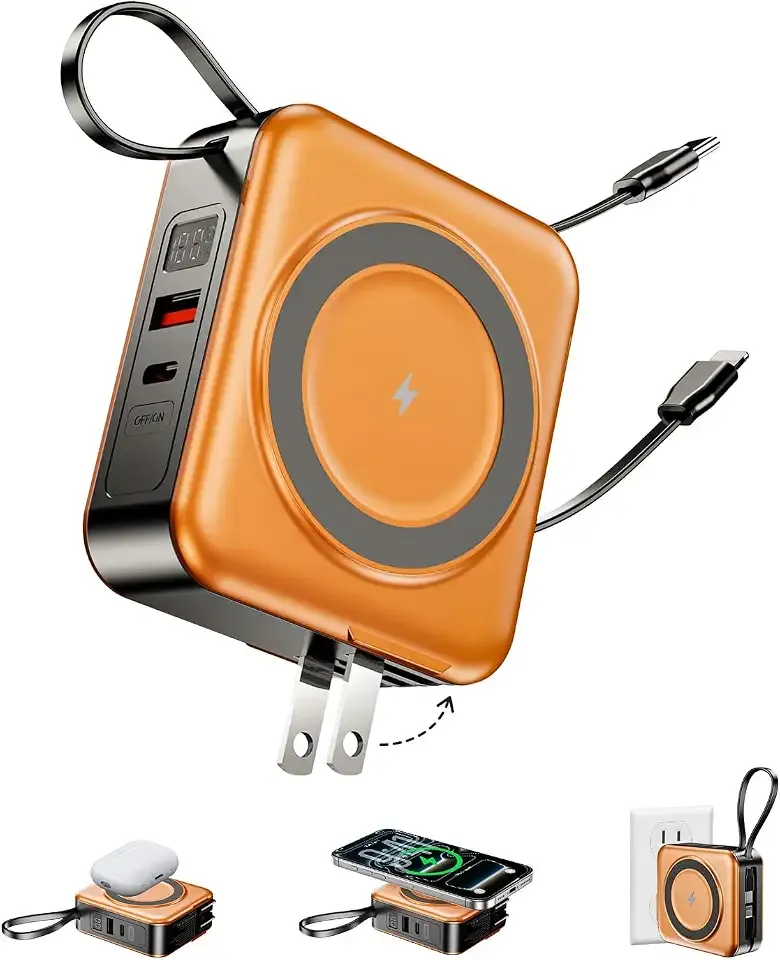 10000mAh for Magsafe Portable Charger Built-in Cables & AC Wall Plug,Orange | 6-in-1,PD 22.5W USB C Fast Charging,15W Magnetic Wireless Charging,Charge 5 devices at once,LED Display Travel Power Bank