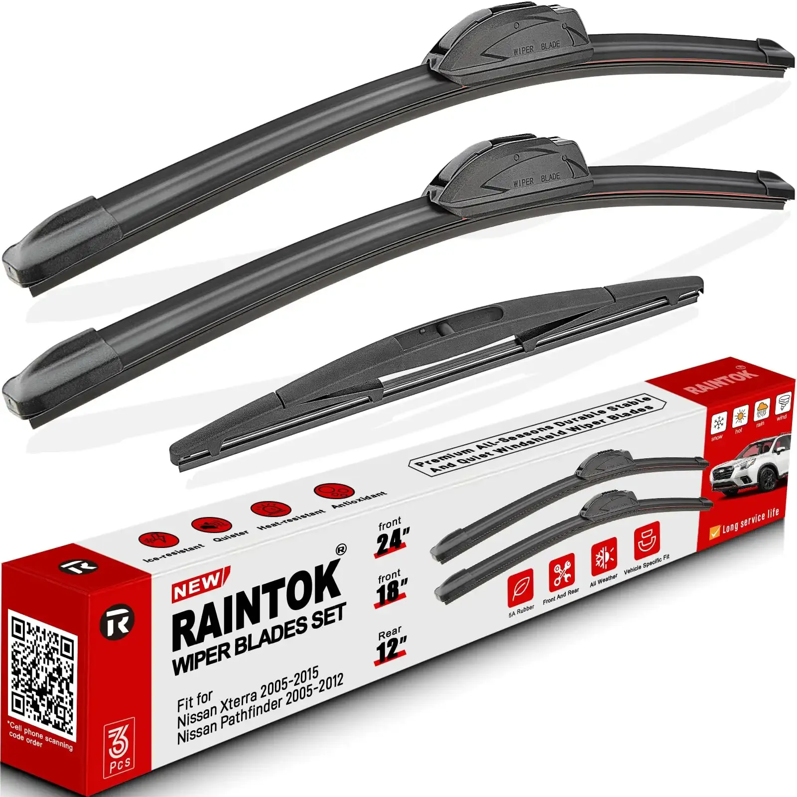 3 Pack Windshield Wiper Blades Replacement for Nissan Xterra 2005-2014 2015 | Nissan Pathfinder 2005-2012,Original Factory Quality Front Rear Wipers Blade Set for My Car - 24"/18"/12" U/J Hook