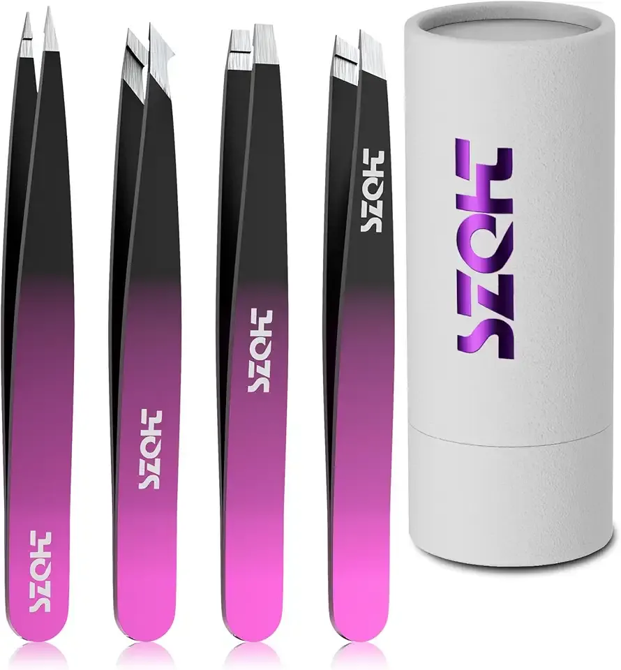 4-Piece Precision Tweezers Set - Stainless Steel Slant, Pointed, Flat & Angled Tips forEyebrow Shaping, Facial & Ingrown Hair Removal - Eco-Friendly Gift Packaging - Women& Men