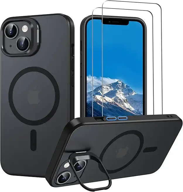 Aropuktek for iPhone-13 Case/iPhone-14 Phone Case: with 2X Screen Protector, Strong Magnetic Compatible with MagSafe Case for iPhone 13/14, Adjustic Lens Stand, Slim & Matte Translucent Case, Black