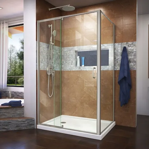 Flex 36 in. D x 48 in. W x 74.75 in. H Corner Shower Kit Enclosure with White Acrylic Base, Left Drain & Clear Glass Pivot Door in Brushed Nickel (No Shower Wall)