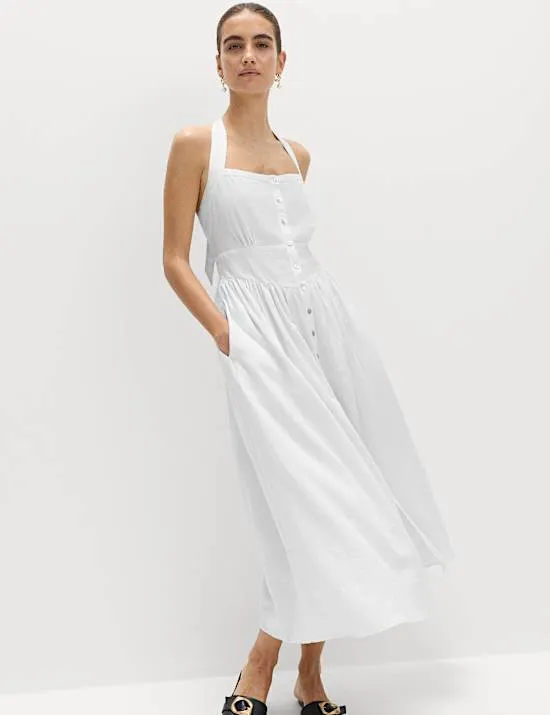 Maxi-Strandkleid mit hohem Leinenanteil und Neckholder