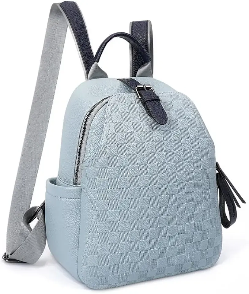 Small Backpack Purse For Women Cute PU Leather Backpack Plaid Laptop Backpack For Ladies Travel, School & Work Blue