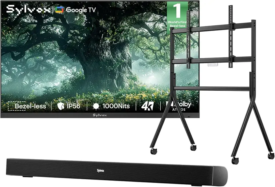 SYLVOX 75 inch Outdoor TV with Stand & Soundbar, Ultra-Narrow Bezel, 4K Smart TV, 1000 nits, IP56 Waterproof, Dual Speakers, All-Weather Metal Chassis for Patio, Deck, Backyard (Frameless Series)