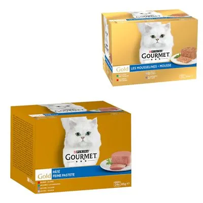 Jumbopack Gourmet Gold 96 x 85 g pour chat + Gourmet Gold Les Mousselines 24 x 85 g offertes !