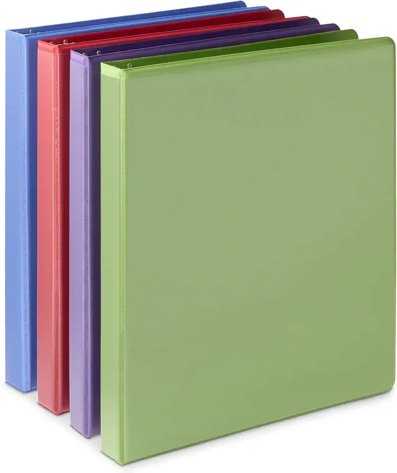 Amazon Basics Economy 3 Ring Binder, 1/2 Inch D-Ring, Easy Lock and Release, Holds up to 120 Sheets, 2 Pockets, Assorted Colors, 4-Pack