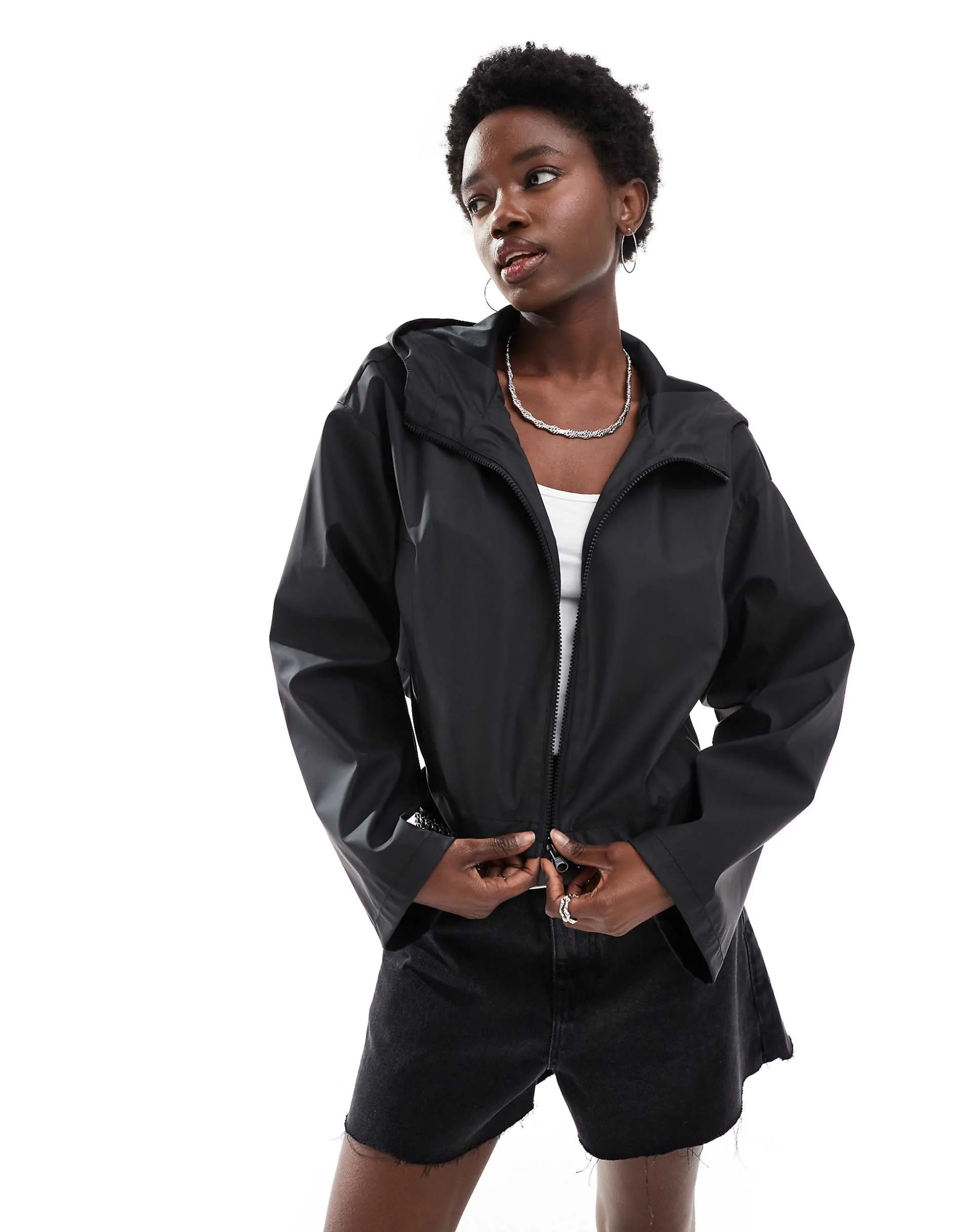 ASOS DESIGN croppped rubberised rain jacket with hood in black