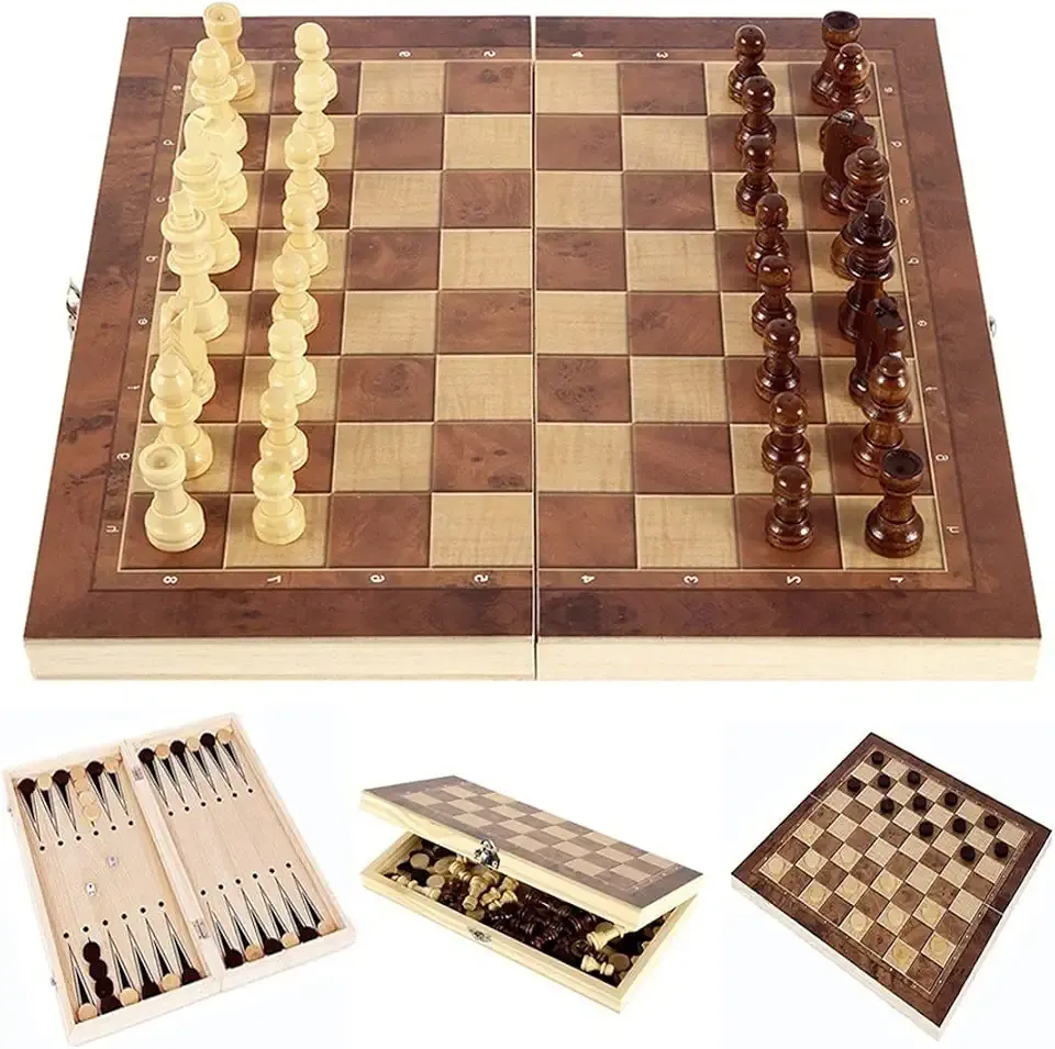Folding Storage Wooden Chess Board Sets - 3 in 1 Chess Board Game for Adults and Kids (Backgammon, Checkers), Exquisite Wooden Chess Set