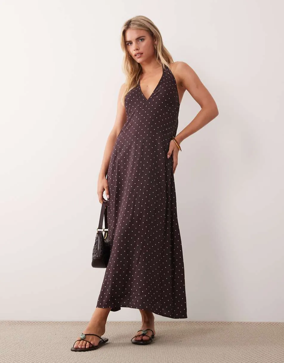 Miss Selfridge Petite spun halter maxi dress in polka dot