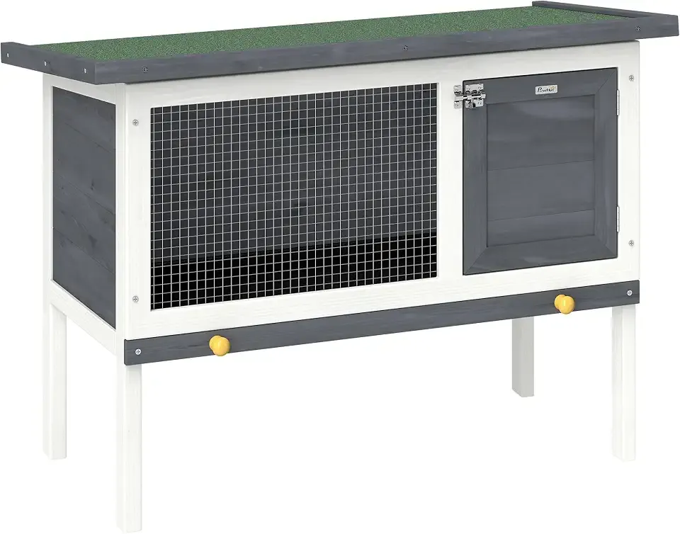 PawHut Outdoor Rabbit Hutch, Wooden Bunny Cage with Openable Roof and Pull-Out Tray, Elevated Guinea Pig Cage for Rabbits, Chinchillas and Small Animals, Indoor Outdoor Use, Gray