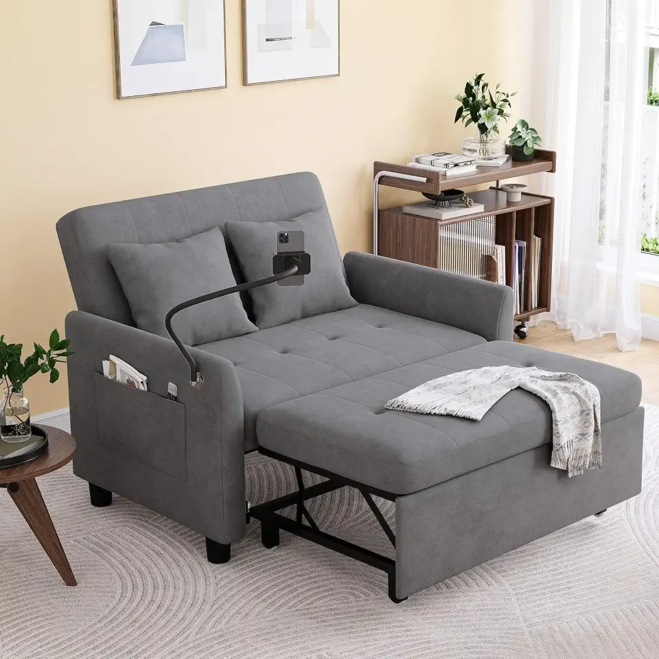 Sleeper Sofa Bed, 3 in 1 Convertible Sleeper Couch Bed Pull Out, Small Loveseat Sofa, Futon Sofa Bed Full Size, 46" Velvet Love Seat with Pillow and Phone Holder for Living Room, Grey