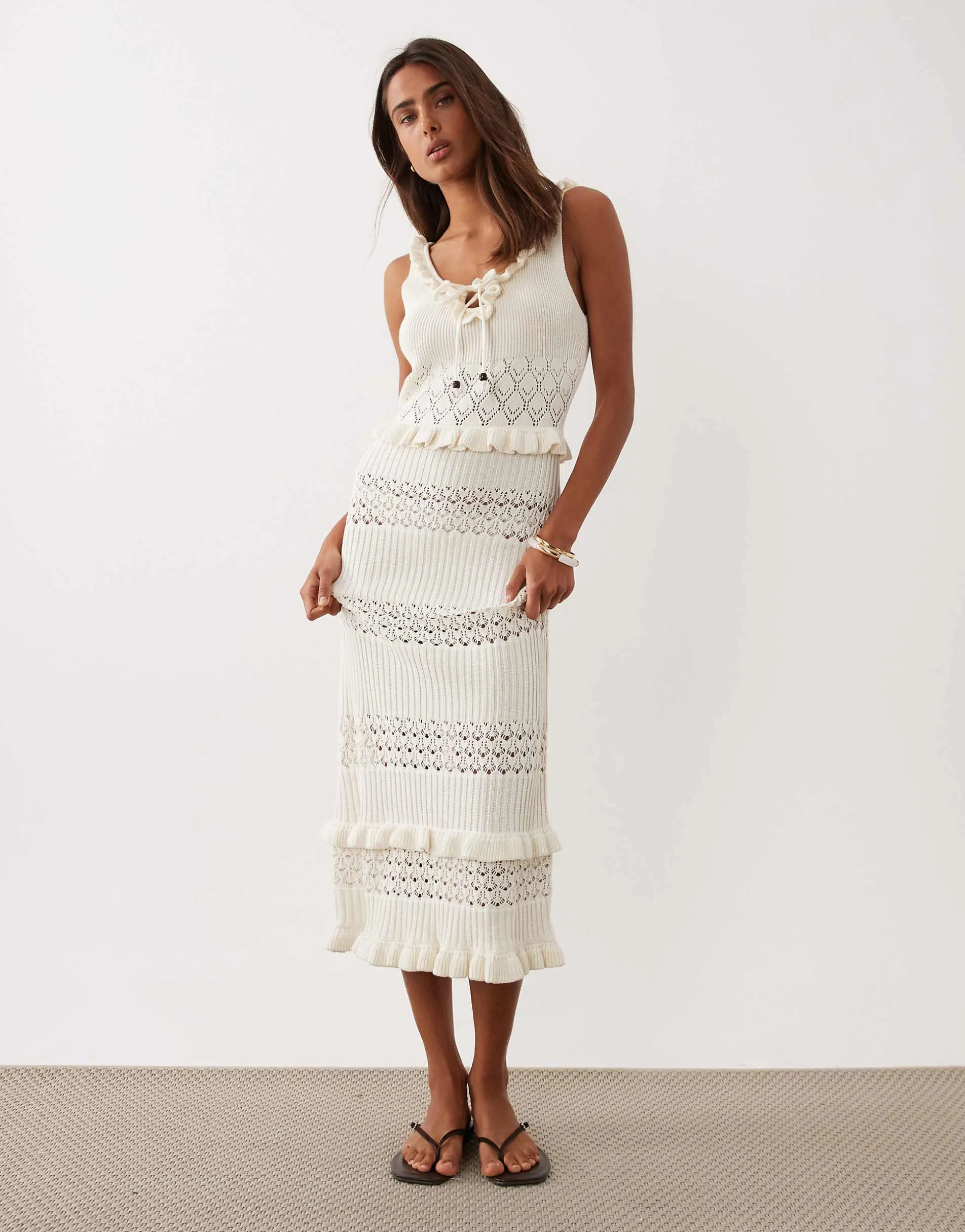 Miss Selfridge frill detail crochet maxi dress in cream
