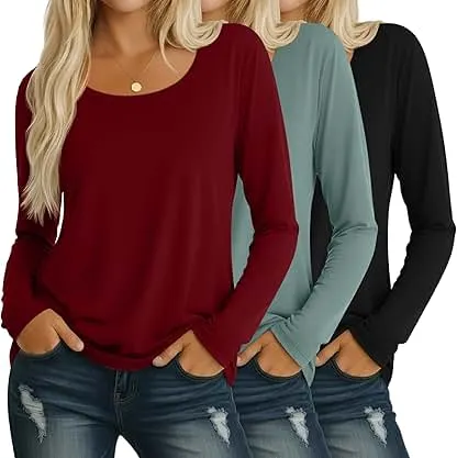 Neer 3 Pack Scoop Neck Long Sleeve Tops for Women, Loose Fit T-shirts Casual Fall Layer Trendy Basic Tees for Ladies Neer 3 Pack Scoop Neck Long Sleeve Tops for Women, Loos…